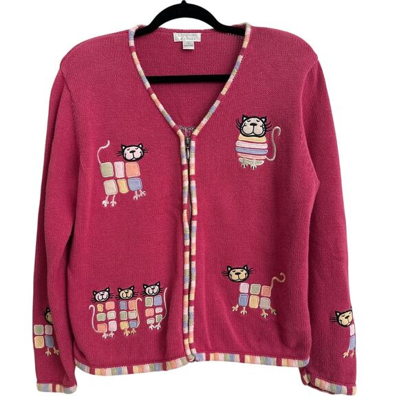 Vintage Christopher Banks Cardigan Sweater Womens L Pink Novelty Cat Print Zip - Picture 1 of 9